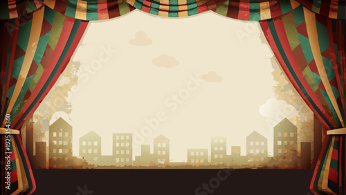 Dramatic stage backdrop with cityscape and curtained theater setting