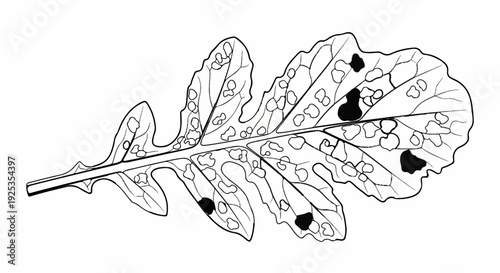 Detailed black and white line drawing of a damaged oak leaf with holes