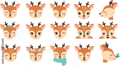Cute Baby Deer Face Emotions Cartoon Vector Collection Kawaii Fawn Head Avatars with Different Expressions for Kids Sticker Design.