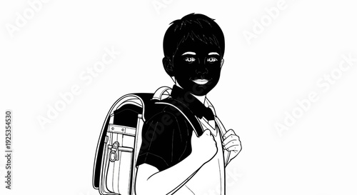 A boy with dark features smiles while wearing a backpack