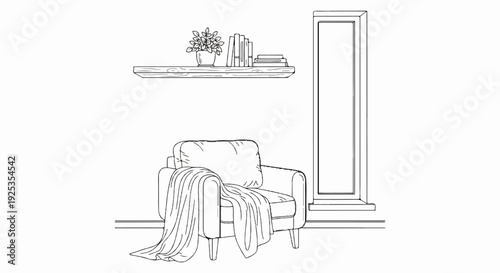 Cozy armchair with blanket draped over it, shelf with plant and books, window