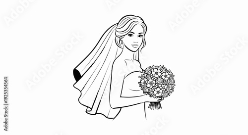 A bride in a veil holds a bouquet of flowers and smiles at the viewer