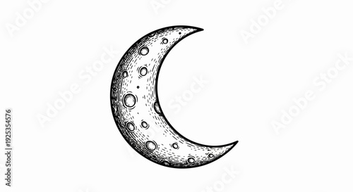 Crescent moon illustration with craters, hand-drawn style on white