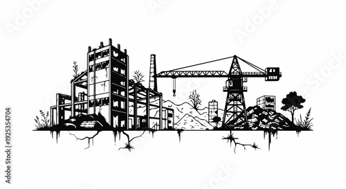 Desolate industrial ruins with overgrown vegetation and a prominent crane