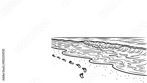 Footprints disappear into ocean waves on a sandy shore, depicted in a sketch