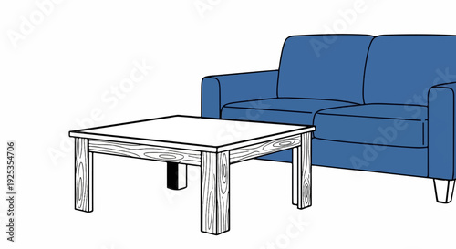 A simple illustration of a blue sofa with a wooden coffee table