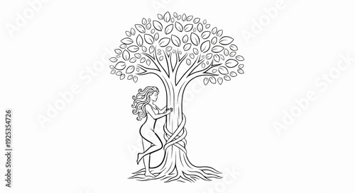 Elegant woman embraces a tree with intertwined roots and swirling hair
