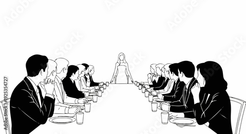 Formal meeting at long table, with a woman in center, and men and women seated at sides