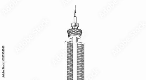 Outline drawing of a tall, modern tower with a rounded, textured upper section and two rectangular lower sections
