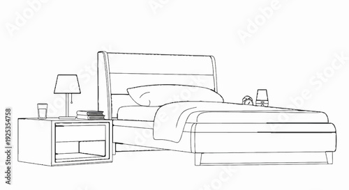 Outline sketch of a bedroom scene with a bed, nightstand, and lamps