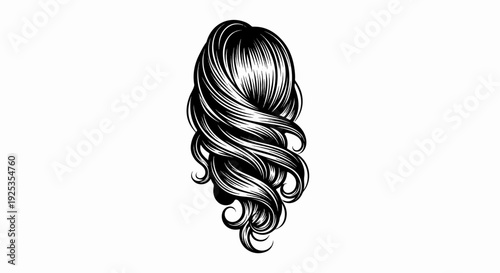 A stylized black and white drawing of long, wavy, voluminous hair