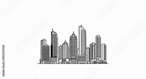 Minimalist line drawing of a sprawling city skyline, depicting varied tall buildings