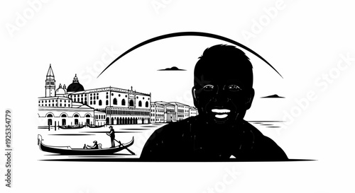 Black silhouette of a man's smiling face against a cityscape with a gondola