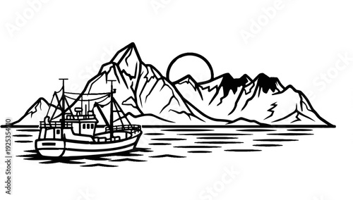 Fishing boat on water with mountains and sun