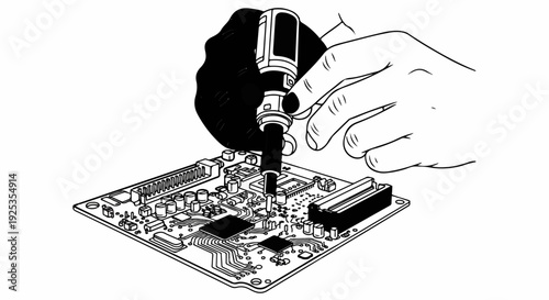 Hand holding screwdriver repairing intricate circuit board with many components