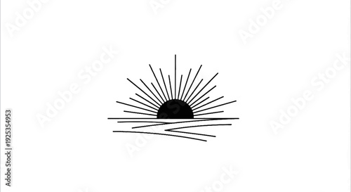 Stylized black and white sunburst over abstract water lines