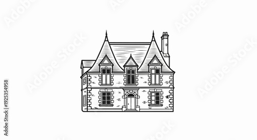Detailed line drawing of a French chateau with pitched roof and dormer windows