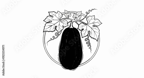 Detailed illustration of a dark gourd with vine and leaves within a circular frame