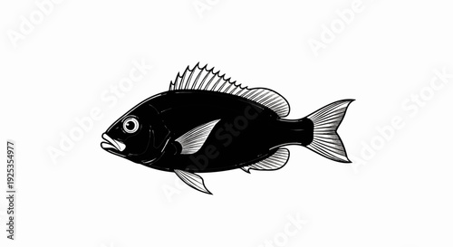 Detailed illustration of a black fish with fins, tail, and scales