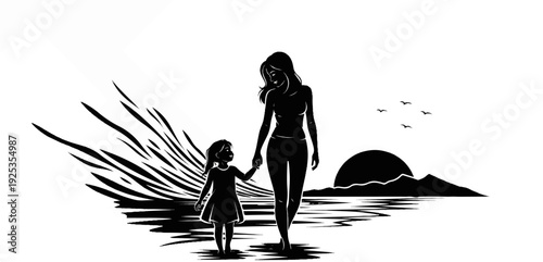 Mother and daughter walk by the sea at sunset with birds flying