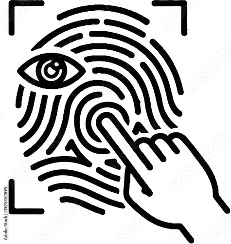 Stylized fingerprint with eye and finger scan for identification