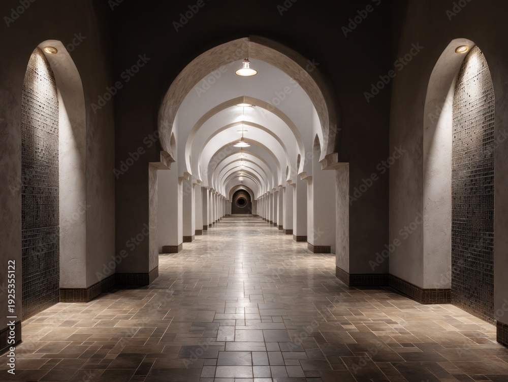 Obraz premium A long hallway with arched ceilings and white walls