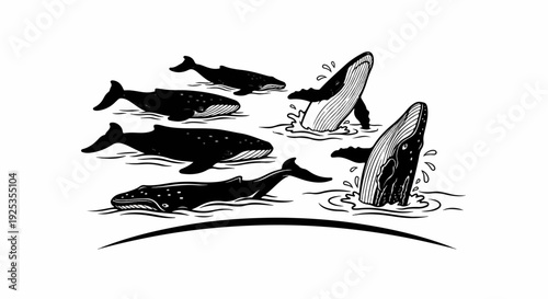 Five whales swim and breach in stylized black and white ocean waves