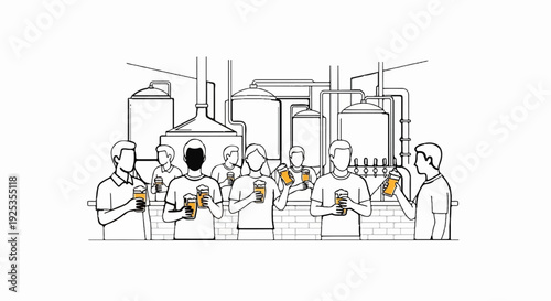 People enjoying drinks at a brewery with large brewing tanks in background