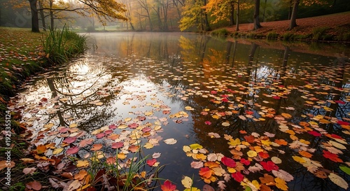 Wallpaper Mural Autumn Leaves Floating on Serene Pond Water. Torontodigital.ca