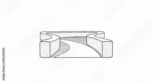 Stylized, symmetrical hedges guide a curved path through an abstract opening