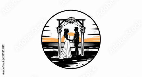 Couple exchanging vows under floral arch at beach sunset