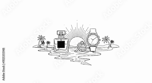 Perfume bottle, ring, and watch on islands with palm trees and sunrise