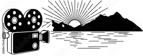 Retro film camera capturing a scenic mountain sunrise over water