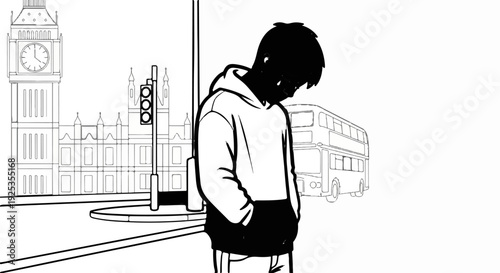 Sad boy in city, with iconic clock tower and bus in background