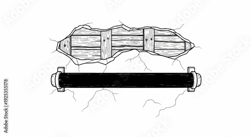 Cracked wall revealing wooden beams and a dark cylindrical object