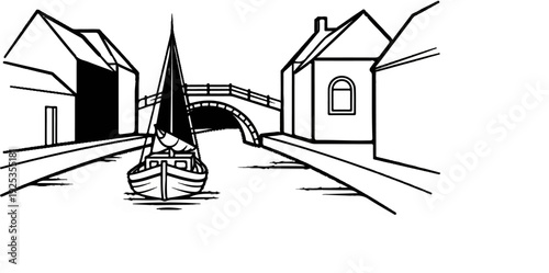 Sailboat navigates canal under arched bridge lined by buildings