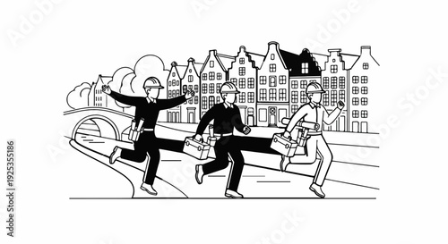 Three workers in hard hats run across a bridge past canal-side buildings carrying toolboxes