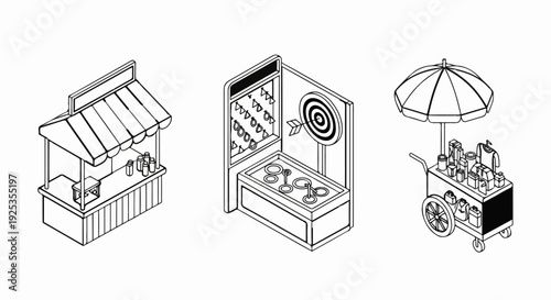 Three isometric illustrations of market stalls, a game booth, and a wheeled cart