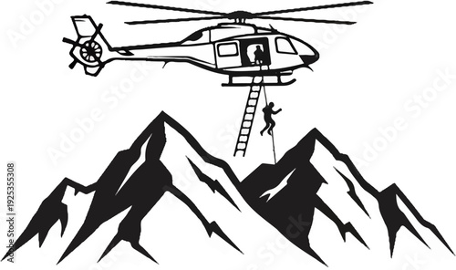 Helicopter rescue operation in rugged mountain terrain, person descending ladder