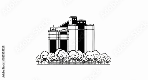 Industrial silos with a line of trees and fence in the foreground