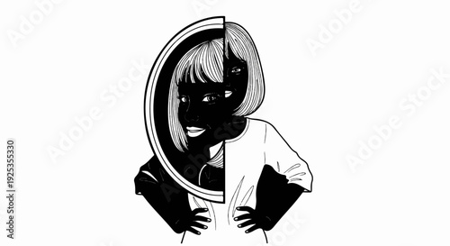 Black and white illustration of a split face girl holding her hands on hips