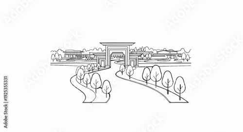 Architectural illustration of a grand entrance with pathways and trees