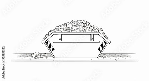 Line art of a dumpster overflowing with bricks on a tiled surface