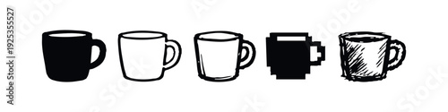 Various hand drawn coffee mugs and drinkware design elements