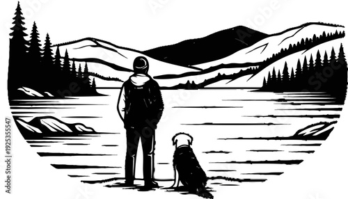 Person and dog gaze at serene mountain lake in stylized illustration