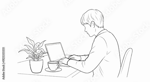 Person working on a laptop with coffee and plant on table