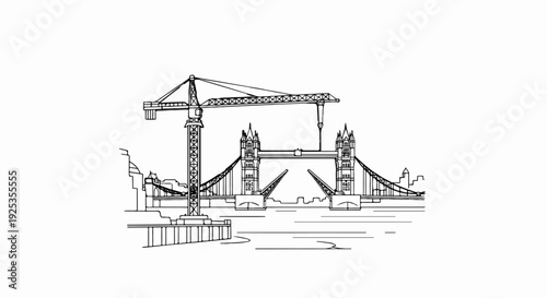 A stark line drawing of a bridge under construction and a river