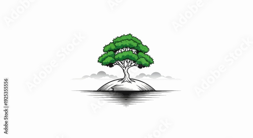 A solitary, verdant tree crowns a small, isolated island in calm waters