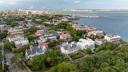 Bild auf Leinwand Panoramic Aerial view of Charleston, South Carolina cityscape skyline showing lo