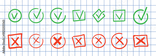 Check mark doodle icon set. Checkmarks and confirm. Ok, yes sign for agreement, done. tick. Cross signs for checkbox, checklist, v in sketch.